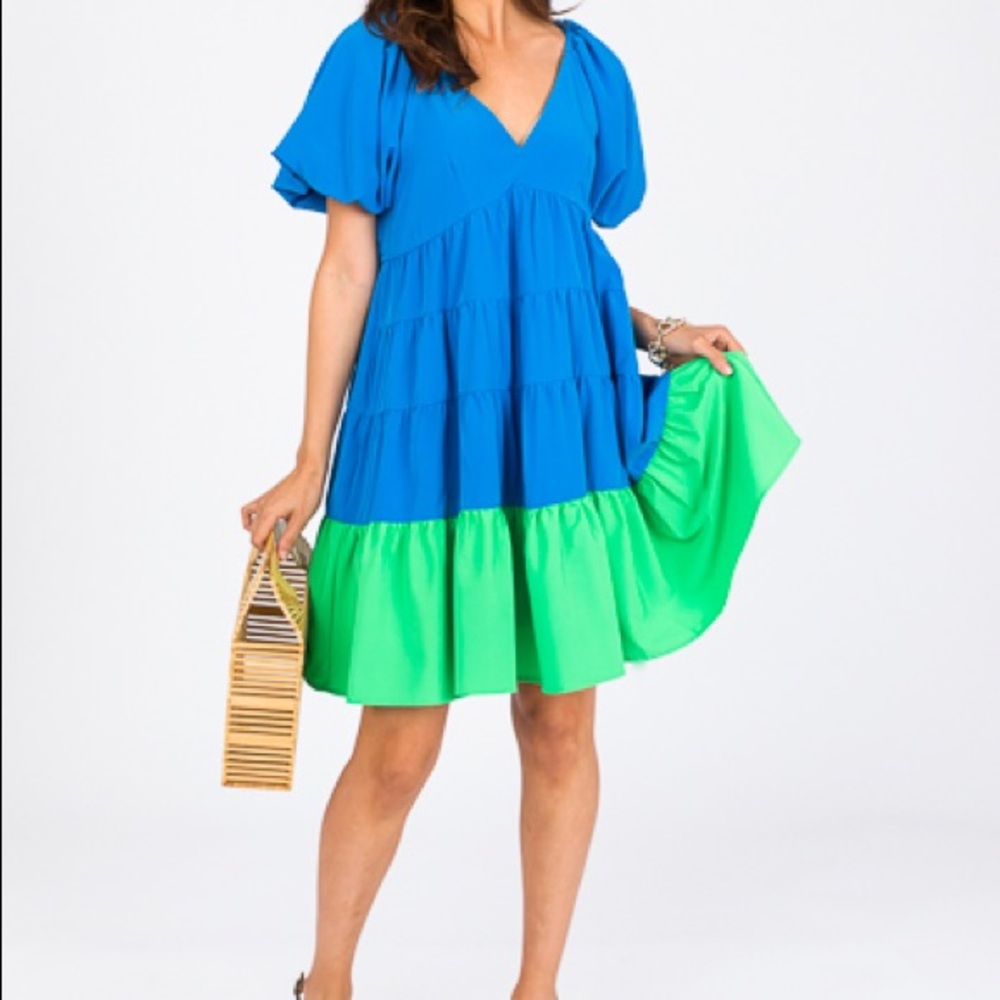 Edge of Love Royal Blue Colorblock Swing Puff Sleeve Dress